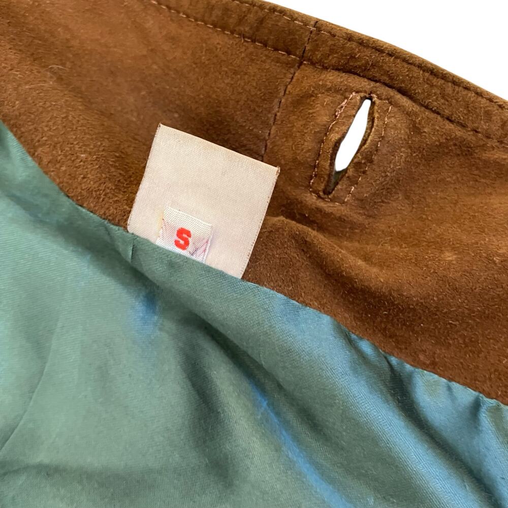 Mens Sz S Vintage 90s Brown Suede Jacket Button Front boxy Fit Hip Length Worn - Picture 15 of 16